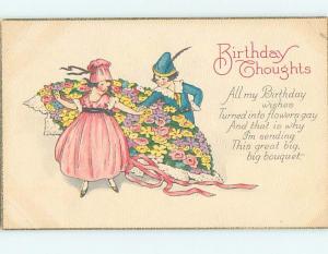 Pre-Linen GIRL IN PINK DRESS AND HAT WITH GIANT FLOWER BOUQUET HL5025