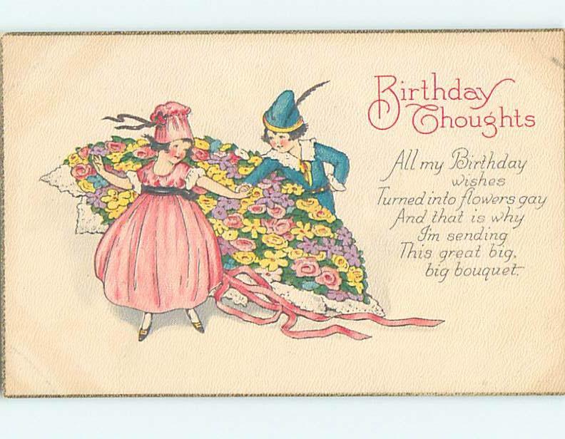 Pre-Linen GIRL IN PINK DRESS AND HAT WITH GIANT FLOWER BOUQUET HL5025