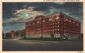 Vintage Postcard 1936 St. Mary's Hospital Building At Night Rochester Minnesota