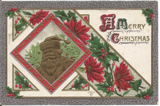 Chocolate Santa Clause Framed in Red Poinsettia and Holly Vintage Postcard