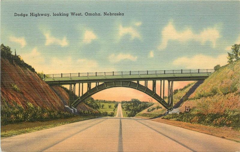 Vintage Linen Postcard; Dodge Highway looking West, Omaha, NE Unposted