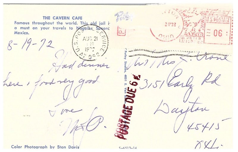 Nogales Sonora Mexico Cavern Cafe Restaurant former Jail Vintage Postcard 1972