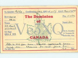 1930s QSL RADIO CARD Belleville Ontario ON AH3219