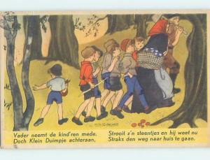 Pre-Linen foreign signed EUROPEAN KIDS FOLLOWING ADULTS THROUGH THE WOODS J4886