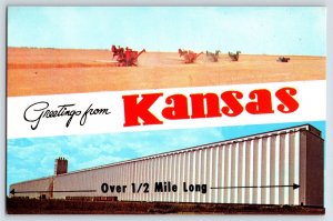 Huge Wheat Warehouse, Kansas Combines 1960'S Vintage Banner Postcard