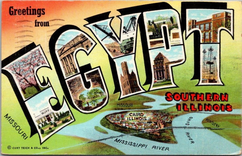 Greetings From Egypt Illinois Large Letter Linen 1955 Curteich