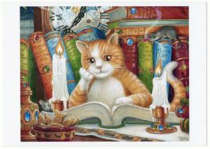 CAT Fantasy read Book Candle Library Clock Modern Russian Postcard