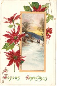 Winter landscape with figures. Ponsettia flowers  Tuck Christmas Ser. PC #526