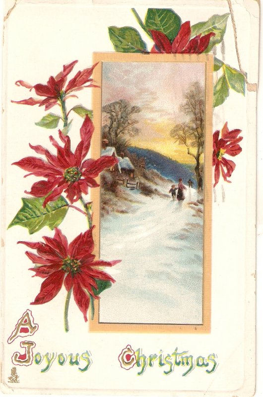 Winter landscape with figures. Ponsettia flowers  Tuck Christmas Ser. PC #526