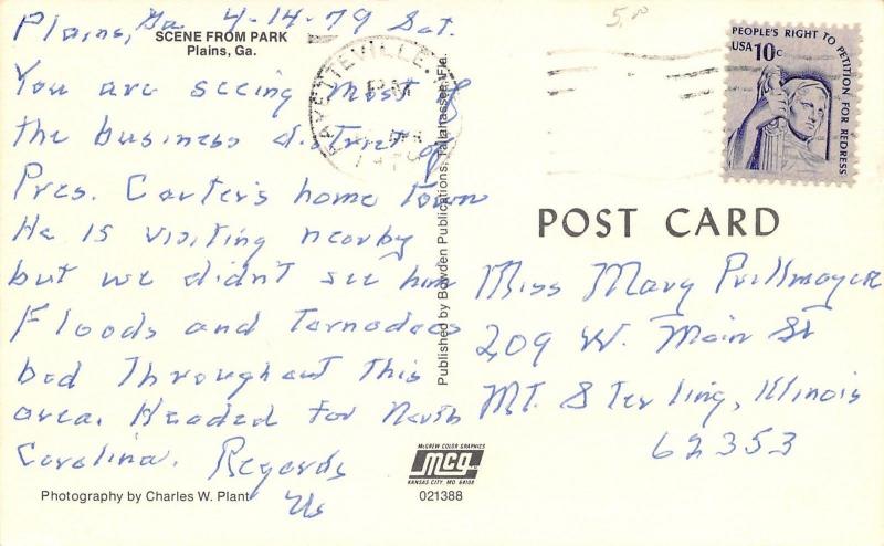 Plains Georgia~Scene From Park~1979 Postcard 