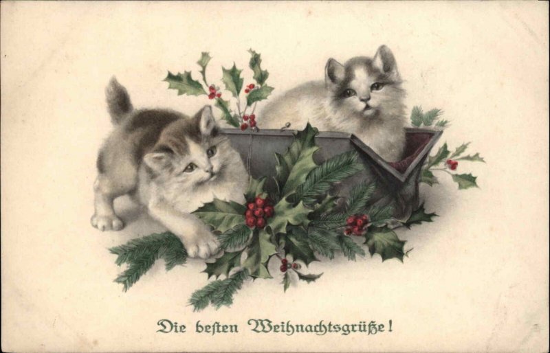 MM Vienne Nr 555 GERMAN CHRISTMAS PC Kitty Cats Mistletoe Basket No. 3 PC
