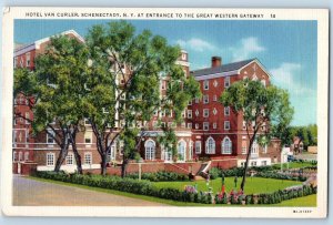 Schenectady New York NY Postcard Hotel Van Curler Building Exterior c1940s Trees