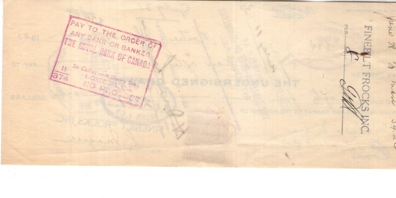 Cheque w Stamp Undersigned Finebilt Frocks Montreal, Canada, Fashion, Check