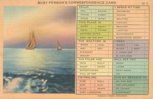 Busy Person's Correspondence Card, (Checklist) Sailboats, Linen Postcard Unused