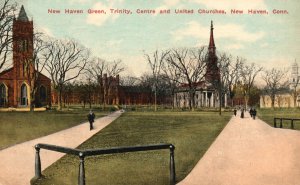 Vintage Postcard 1915 New Haven Green Trinity Centre & United Churches Conn. CT