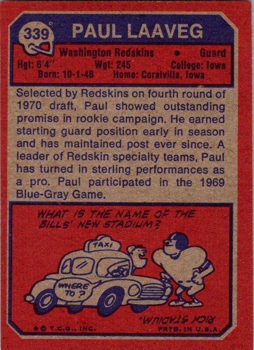 1973 Topps Football Card Paul Laaveg Washington Redskins sk2412