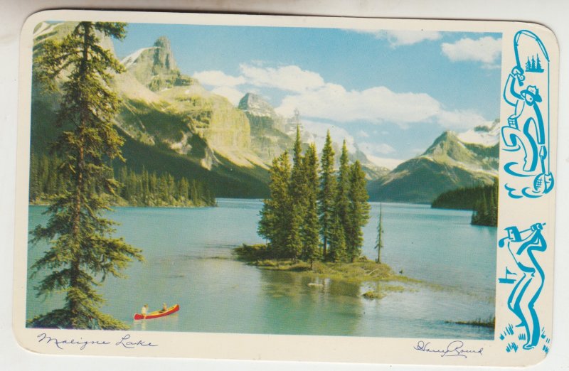 P2480, 1961 postcard maligne lake & mountain scene jasper nat,l park alberta