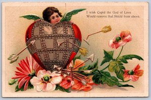 K47/ Valentine's Day Love Holiday Postcard c1910 Armored Heart Cupid 12