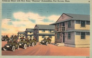 Company St. w/ New Army Phantom Automobiles Fort Devens MA Vintage Postcard 1943