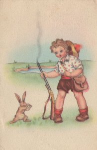 German Child Fox Hunting vs Strong Rabbit Comic Postcard