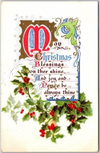 1908 Christmas Greeting Card, Fancy Letters Design Holly Leaf, Vintage Postcard