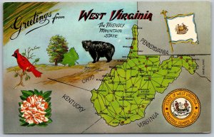West Virginia 1950s Greetings MAP Postcard Seal Flag Bear Cardinal