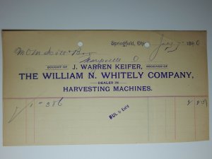 1890 WARREN KEIFER Wm WHITELY Farm Harvest Machines SPRINGFIELD OH Letterhead