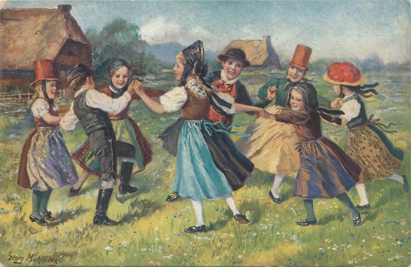 German artist Georg Muhlberg children types Bavaria folk round dance costumes