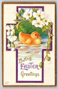 Loving Easter Greetings~Duck W/ Flowers In Cross Frame~Embossed~Nash Vintage PC