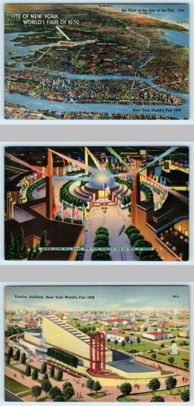 3 Postcards 1939 NEW YORK WORLD'S FAIR ~ Aerial, Planetarium, Textiles Building