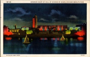 Interior Court Hall of Science at Night 1933 Chicago World's Fair Postcard C02