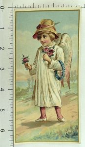 1880's-90's Victorian Card Beautiful Child-Angel With Hat & Flowers &IJ