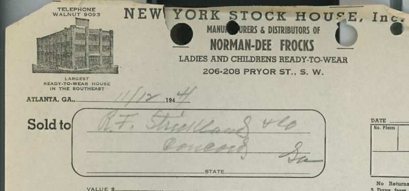 1944 New York Stock House Inc Pryor St. Atlanta GA Norman-Dee Frocks Invoice 335