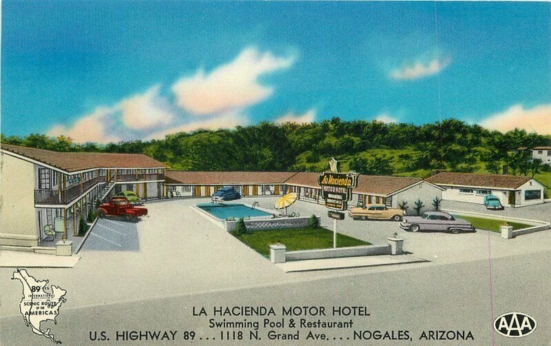 La Hacienda Motor Hotel roadside Nogales Arizona 1950s Postcard Smith pool 7385