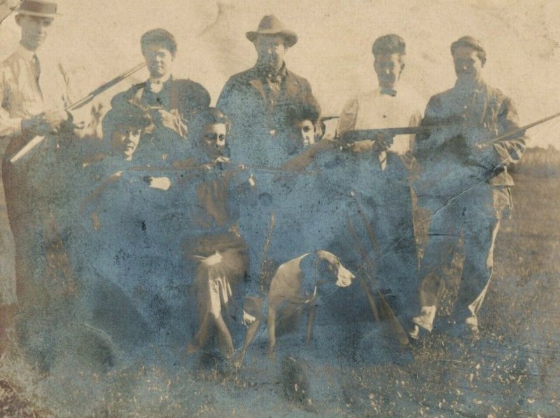 C.1910 RPPC Group of People All Holding Rifles Guns Woman Vintage Postcard P120