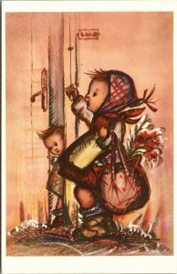 Vtg Alfred Mainzer Little Folks Hummel Like Little Girl & Baby Sister Postcard