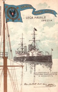 Postcard Italian Royal Navy Battleship Regina Margherita in Arms Naval Flag