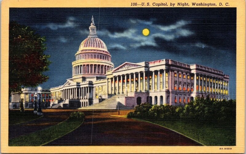 US Capitol Night View Moonlight Washington DC Linen Postcard VTG UNP Curteich 