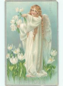 Pre-Linen Easter BEAUTIFUL ANGEL HOLDING FLOWERS AB4031