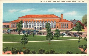 US Post Office & Union Station Plaza Erie Pennsylvania PA Vintage Postcard