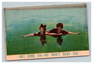 Vintage 1900's Tinted Photo Postcard Two Women in a Lake We Won't Hurt You