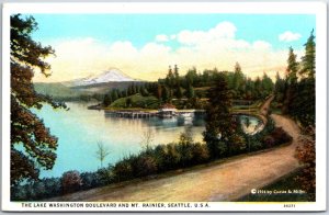 VINTAGE POSTCARD LAKE WASHINGTON BOULEVARD AND MOUNT RAINIER SEATTLE