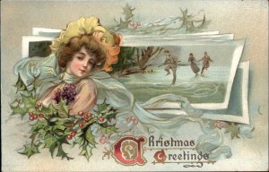 Tuck Christmas Beautiful Woman Art Nouveau Ice Skating Scene c1920 Postcard