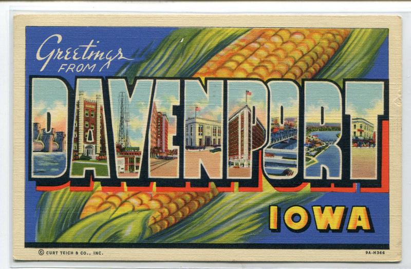 Greetings From Davenport Iowa Large Letter 1941 linen postcard