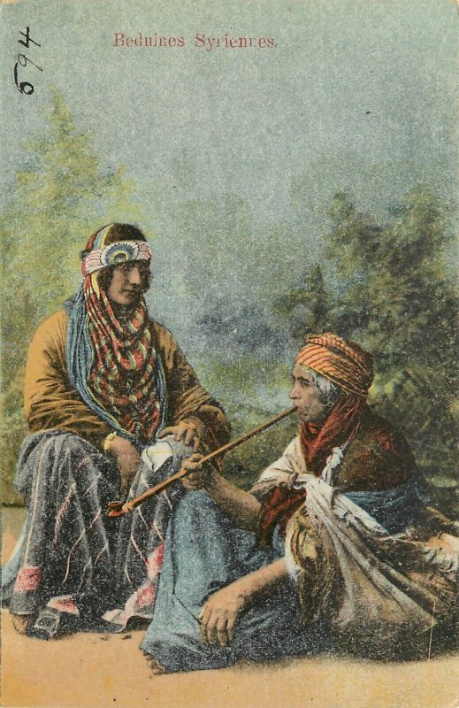 c1910 Postcard; Syrian Beduines Smoking Long Pipe in Colorful Robes
