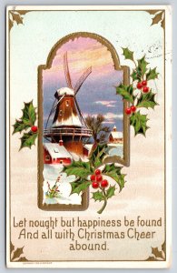 Holiday~Holly Windmill Window Christmas Cheer Rhyming Greeting~Vintage Postcard