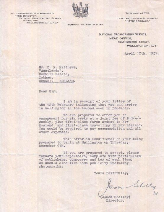 New Zealand Wellington TV Television Signed 1950s Letter To London Opera Singer