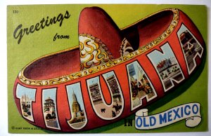 Greetings From Tijuana Old Mexico Large Letter Postcard Linen Sombrero Hat