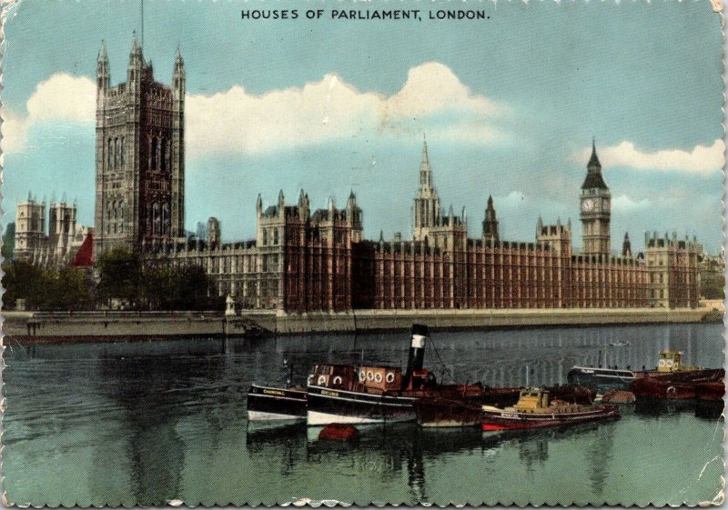 CONTINENTAL SIZE POSTCARD HOUSES OF PARLIAMENT LONDON UK RIVER THAMES 1959