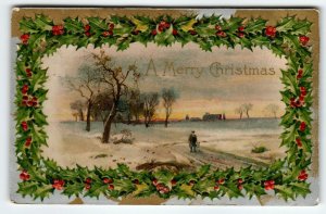 Christmas Postcard Man Walking Dog In Country Snow Winsch Back 1909 Germany